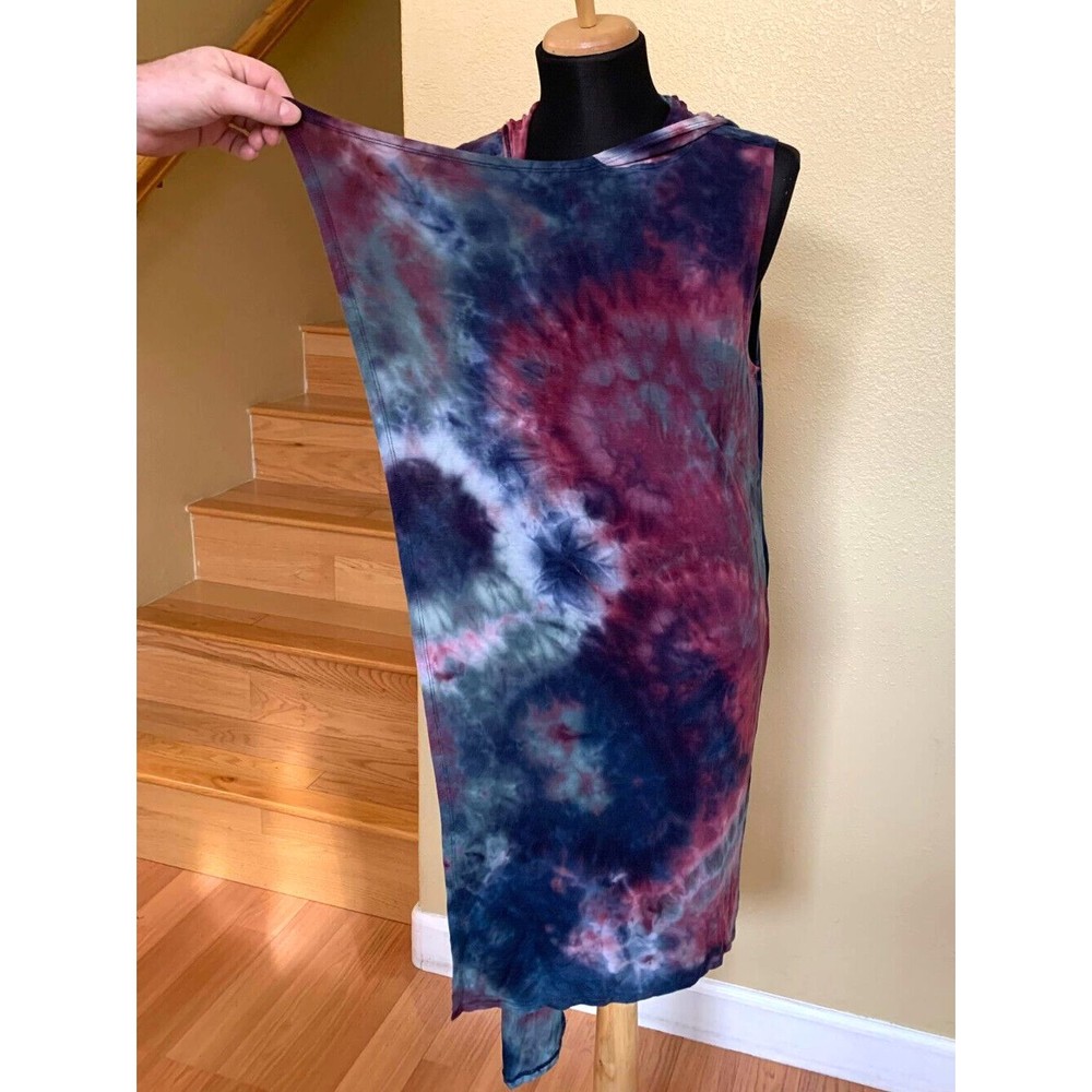 COIN 1804 Tie Dye Open Front Draped Hooded Boho Long Vest Cardigan Sz M Pockets - Picture 4 of 7